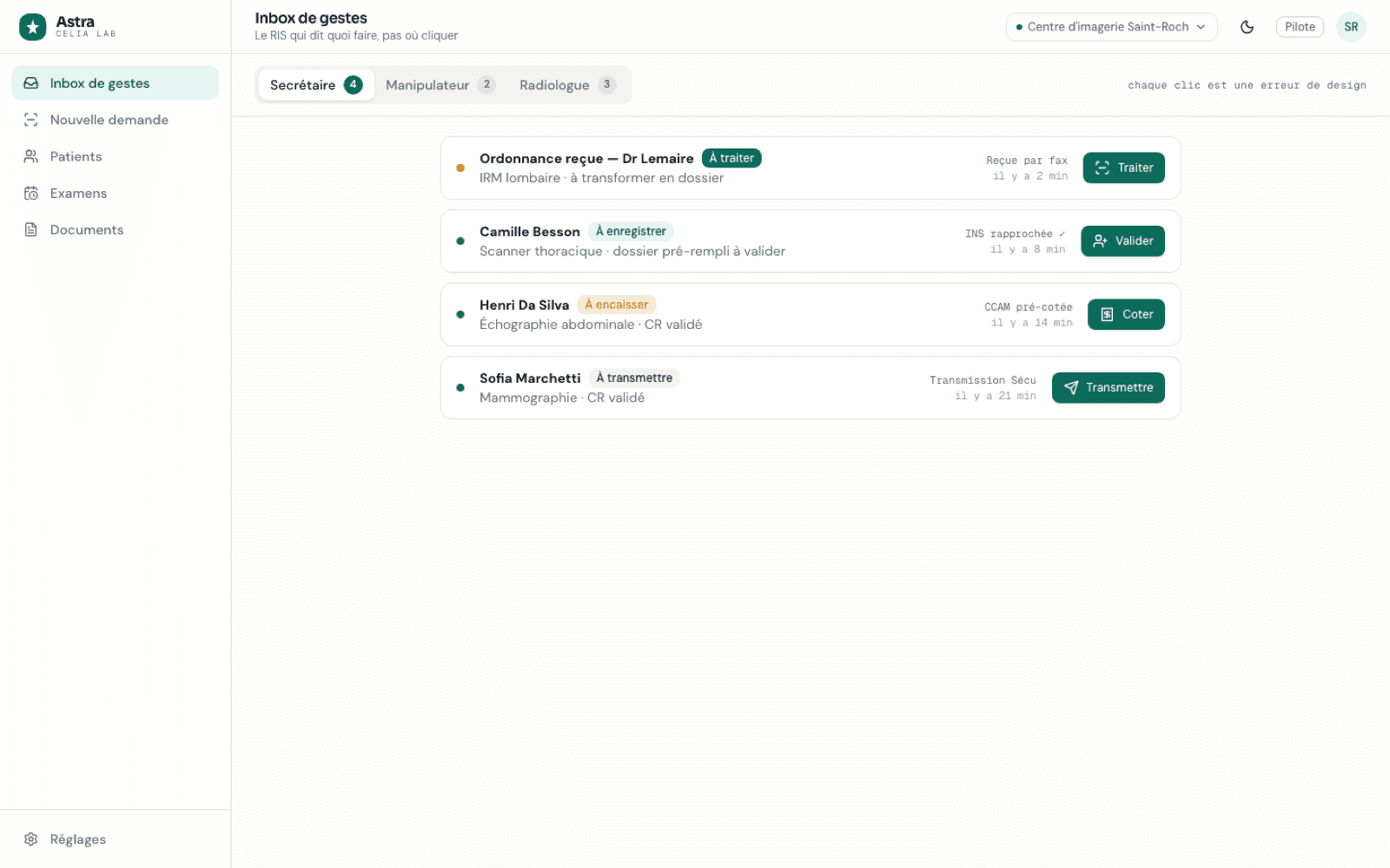 L'inbox de gestes d'Astra : la liste des prochaines actions de la secrétaire (traiter une ordonnance, valider un dossier, coter, transmettre)