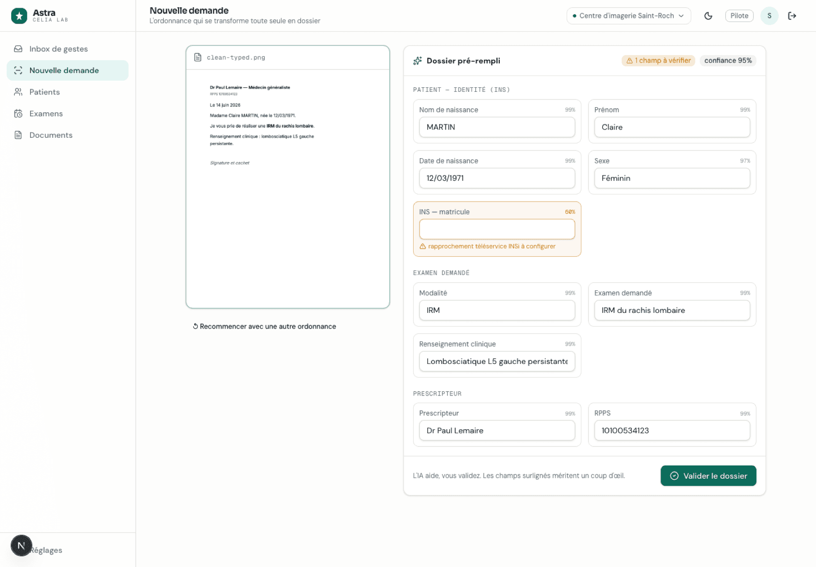 Astra transforme une ordonnance scannée en dossier pré-rempli : identité INS, examen demandé, prescripteur, avec un score de confiance par champ